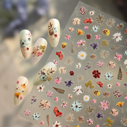 Qdsuh 5D Embossed Dried Flower Nail Stickers Floral Art Decals