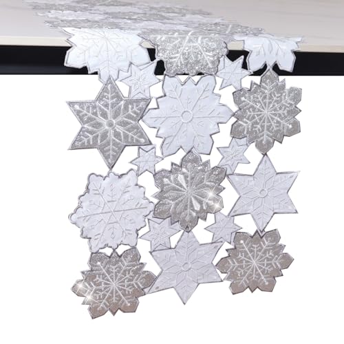 Snowflake Christmas Table Runner 13x70in Silver Embroidered Holiday Decor