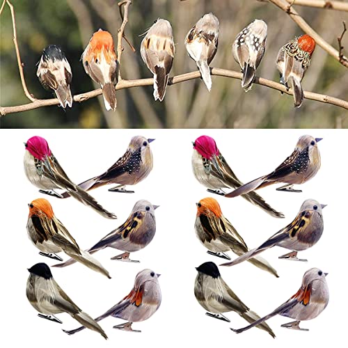 12pcs Artificial Birds Clip-On Decor for Christmas Tree Garden Wreaths and Patio