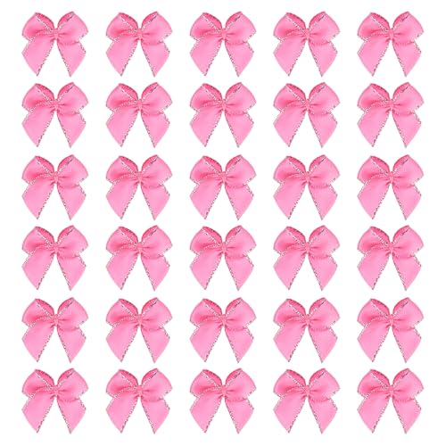 Mini Satin Silver Edge Ribbon Bow Appliques for Crafts, Hair, Wedding, Party, Christmas - Rose Red, Pack of 50