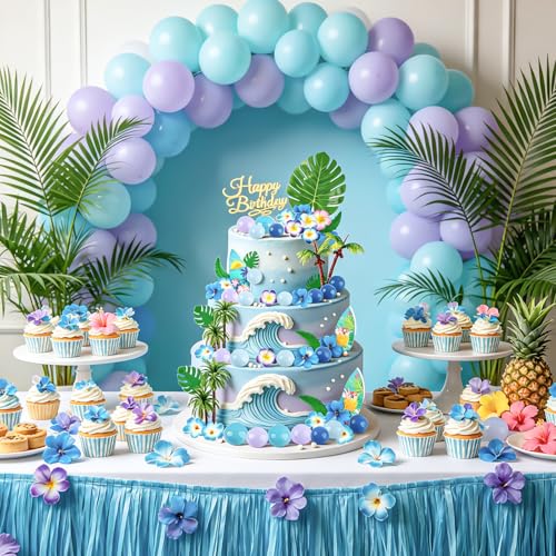 45 Pcs Blue Hawaiian Cake Topper Set with Palm Trees & Surfboards