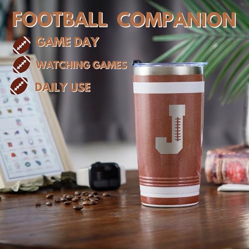 Personalized Football Tumbler with Laser Initials - 20oz Stainless Steel Gift for Men Women Coaches - Variation: Initial-D