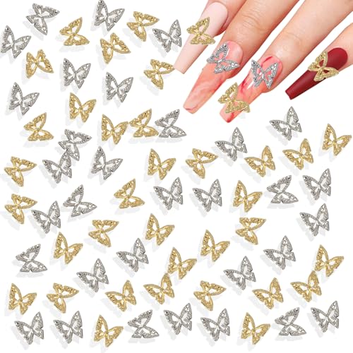 WOKOTO 200pcs Gold and Silver Hollow Butterfly Nail Charms 3D Alloy Studs