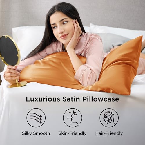 Bedsure Satin Pillowcase Set of 2 - Silky Orange Pillow Covers for Hair & Skin, 20" x 26"