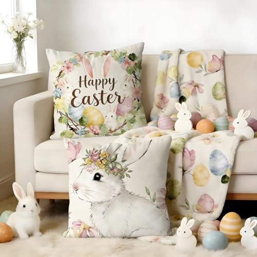 Easter Pillow Covers Set of 4 - 18x18 Inch Bunny & Egg Designs