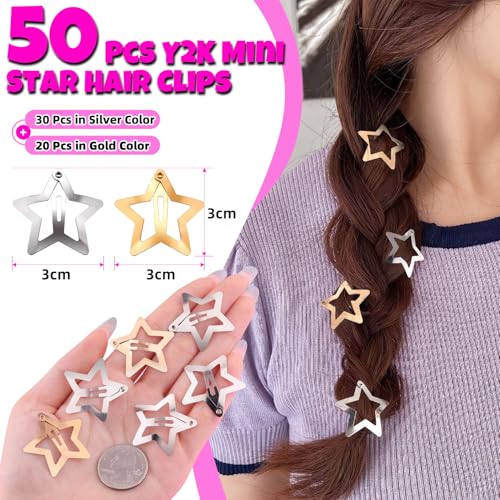 50 PCS Star Hair Clips Metal Snap Barrettes Gold Silver Y2K Hair Accessories