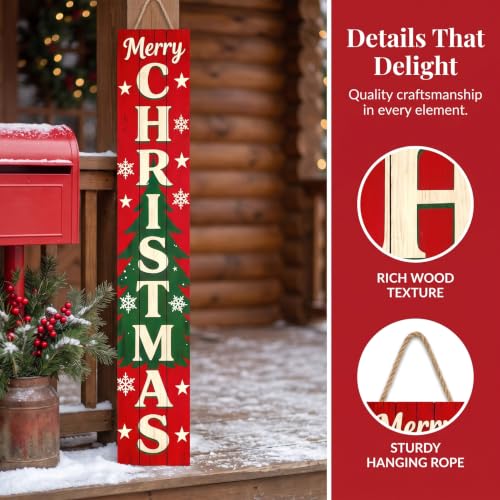 Vertical Merry Christmas Porch Sign - Rustic Wooden Xmas Standing Sign - 47.2 Inches - Xmas-2026