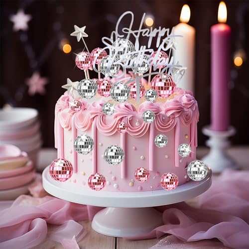 30-Piece Disco Ball Cupcake Topper Set, Pink and Silver Retro Party Decor