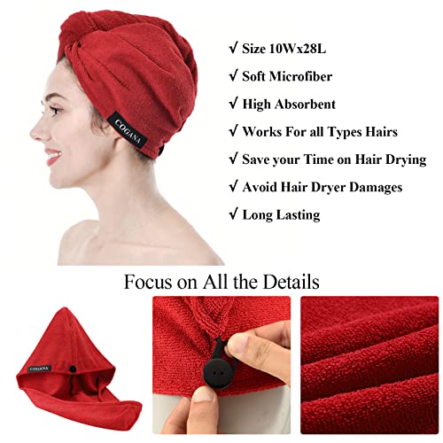 COGANA Red Microfiber Hair Drying Turban Wrap Towel with Button 10x28 Inches