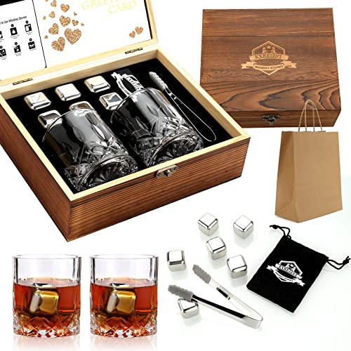 Whiskey Stones and Glass Set with Stainless Steel Cubes & 2 Whiskey Glasses - Bourbon Gift for Men