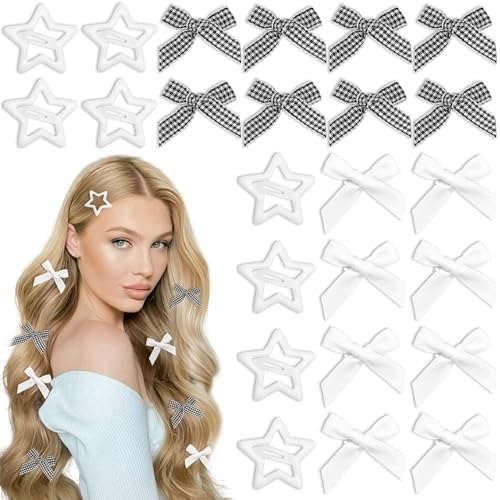 AROCOOY Mini Hair Bows and Star Clips Set 24PCS Gingham Satin Bowknot Hairpins