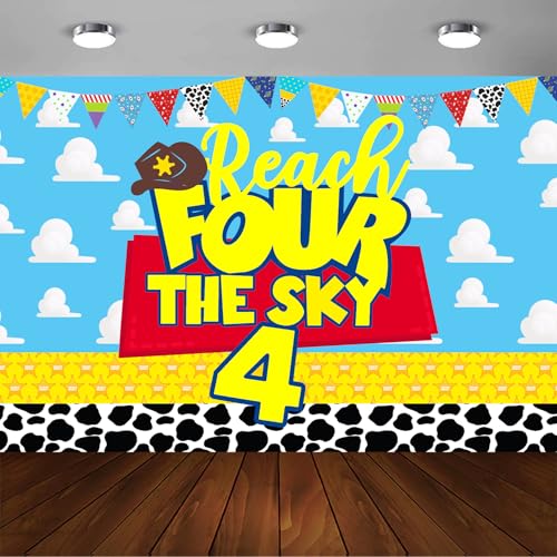 Reach for the Sky Birthday Backdrop - Clouds & Cartoon 4th Party Decoration