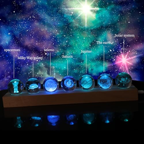 7 Pcs Crystal Planet Night Light Set with Wooden Base - Galaxy Moon Saturn Decor for Home & Gifts