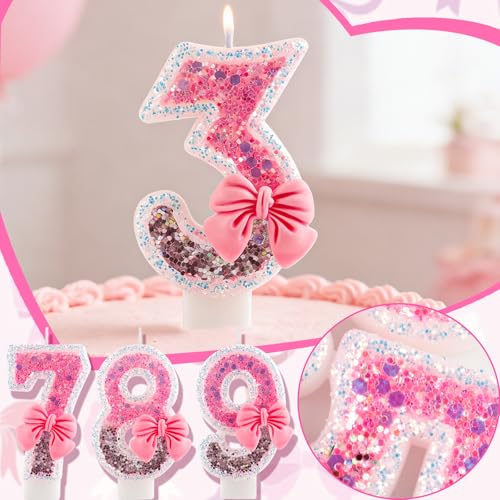 Pink Bow Number 2 Birthday Candle Glitter Cake Topper for Girls Party