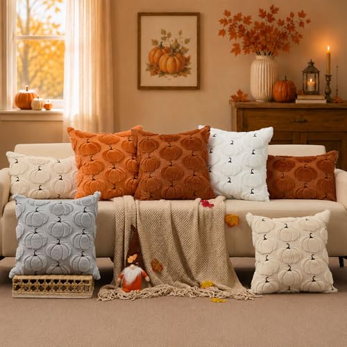 Pumpkin Faux Fur Pillow Covers - Set of 2, 18x18 Fall Decor