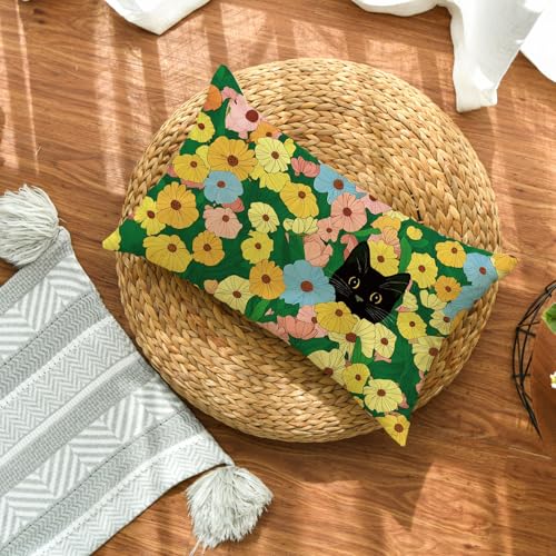 Spring Floral Black Cat Throw Pillow Cover - 12x20 Inch Polyester Cushion