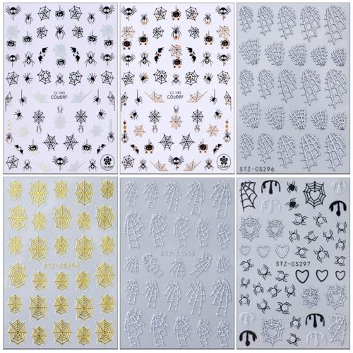 6 Sheets Spider Web Halloween Nail Stickers 3D Self-Adhesive Decals
