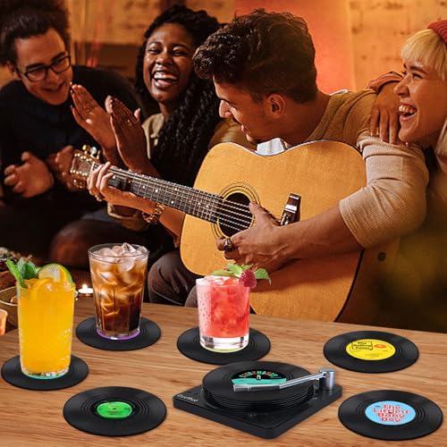 Retro Vinyl Record Coasters with Player Holder - Set of 6 (A008)