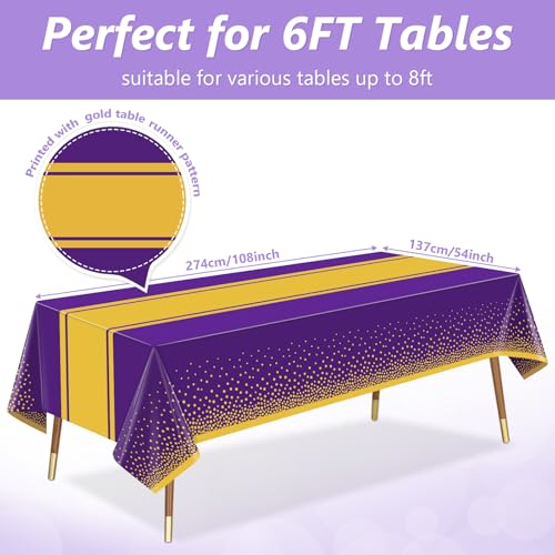 Purple and Gold Disposable Tablecloths 54"x108" - 2 Pack for Party Decor