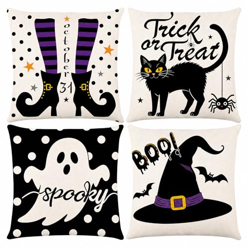 Ditother Halloween Pillow Covers 18x18 Set of 4, Purple Spooky Throw Pillows