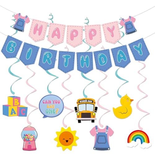 Cartoon Happy Birthday Banner and Hanging Swirls Party Decor Set