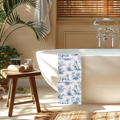 Chinoiserie Golden Retriever Kitchen Towel, Blue and White Porcelain Print