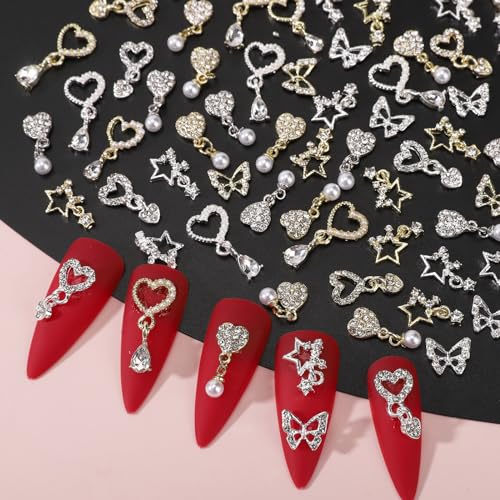 40Pcs Heart & Star Dangle Nail Charms Silver Gold Rhinestone Gems