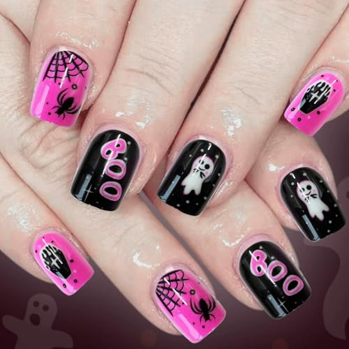 Halloween Press on Nails Square Glossy False Nails with Ghost and Spider Web Designs, 24Pcs
