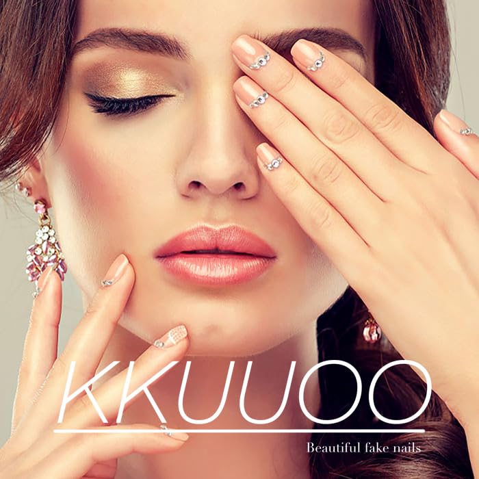 KKUUOO Nude Medium Almond Press On Nails 3D Gold Pearl & Leopard Print