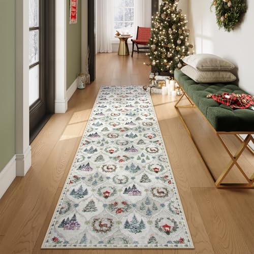 Lahome Christmas Runner Rug 2x8 White/Multi Washable Hallway Rug