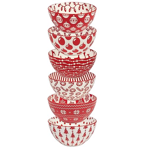 Peppermint Candy 13oz Porcelain Bowls, Set of 6 ? Festive Red & White Christmas All Purpose Snack, Dessert & Cereal Bowls with Cheerful Holiday Prints