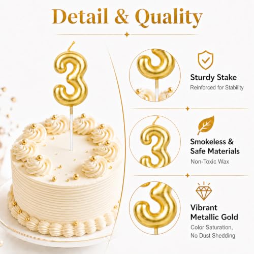 CARGEN Gold 3D Birthday Number Candle for Mini Cakes | Chubby Design