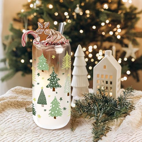 Christmas Glass Tumbler with Lid & Straw - Green Tree Xmas 20oz Style 1