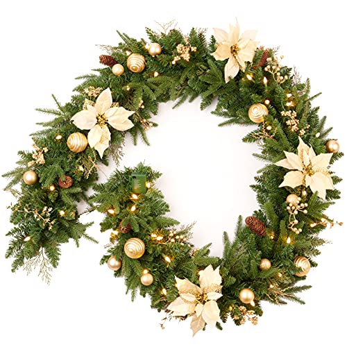 Pre-lit 9ft Christmas Garland with Gold Berries & Balls, Battery Operated - Gold / Christmas Decor