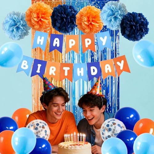 Blue and Orange Party Decorations Set with Balloons Banner Pompoms Fringe Curtain