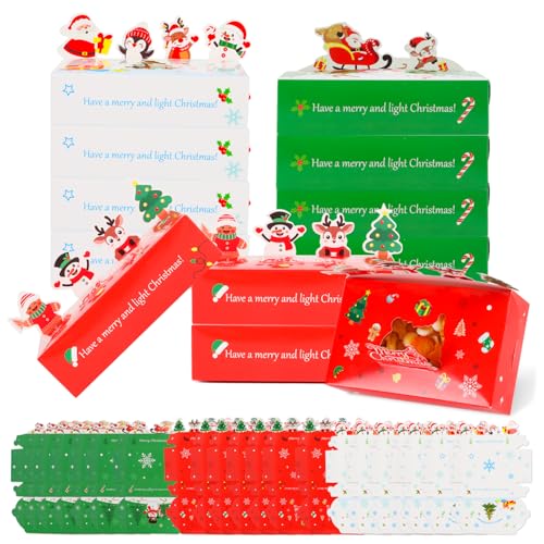 Christmas Bakery Cookie Boxes with Window - 18 Pack, 3 Styles for Holiday Party Favors