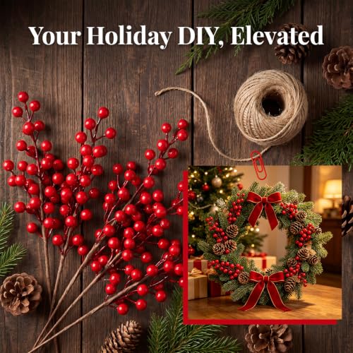 Artificial Red Berry Stems for Christmas Tree Decor - 16.9 Inches, 12 Pack
