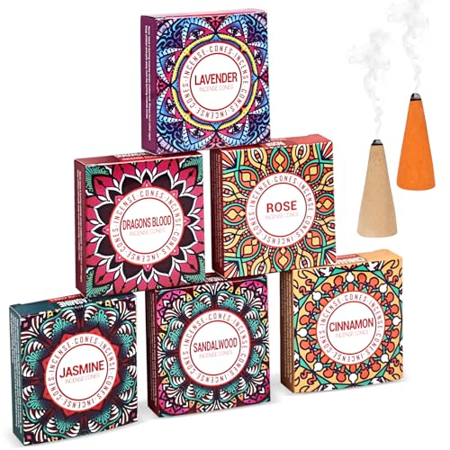 Pavo Cristatus Incense Cones Set A - Lavender, Jasmine, Sandalwood, Cinnamon, Rose, Dragons Blood