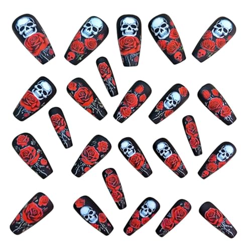 Black Coffin Press on Nails with Red Rose Skull Halloween Design