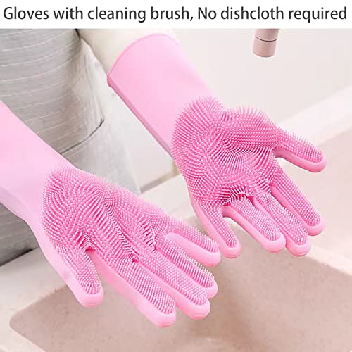 HUAYINGMEI Silicone Dishwashing Gloves with Built-in Scrubber - Pink