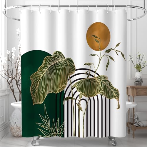 Mid Century Dark Green Shower Curtain with Tropical Leaves - 72x72