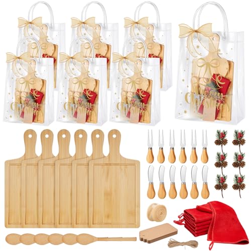 Acellegic Christmas Cheese Board Gift Set - 6 Square Wooden Boards & Accessories