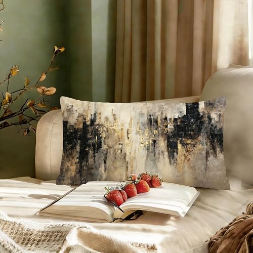 Gold and Black Abstract Cityscape Throw Pillow Cover 12x20 - AEREYGBJYJ