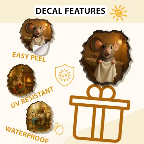 3D Mouse Hole Wall Decal Set - 48 Removable Vinyl Stickers for Kids Rooms