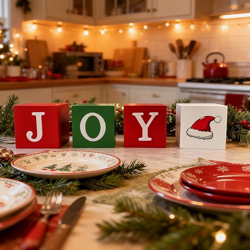 JOY Christmas Table Decorations - 4Pcs Wooden Centerpieces