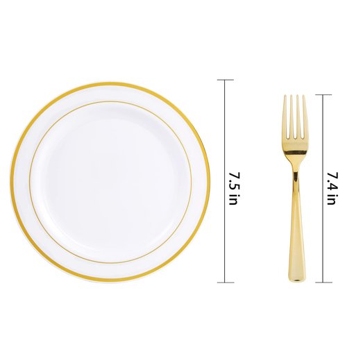 Nervure 204PCS Gold Dessert Plates with Forks - 102PCS 7.5inch Disposable Gold Plastic Plates and 102PCS Plastic Forks Perfect for Salads, Desserts, Parties, Catering, Christmas & Party & Father's Day