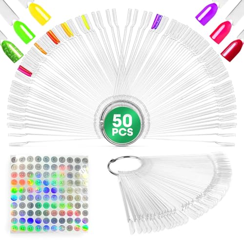 Novsix 50 Pcs Clear Nail Swatch Sticks with Metal Ring and Numbered Tips