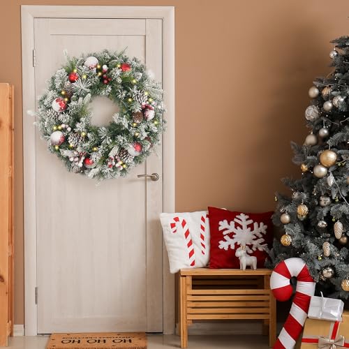 Flocked Christmas Wreath 24 Inch Pre-lit with 50 LED Lights, Red Balls & Pine Cones – Battery Operated Variation 50