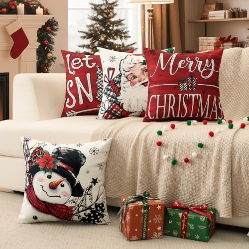 Merry Christmas Throw Pillow Covers 18x18 Inch Set of 4 - Red