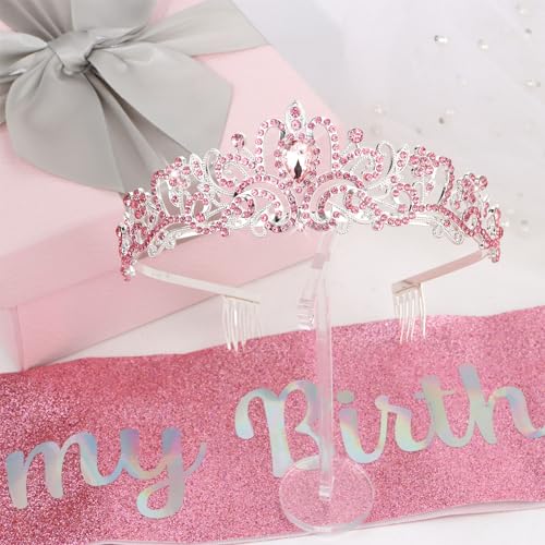 AMCAMI Pink Birthday Crown and Sash Set Rhinestone Tiara for Women